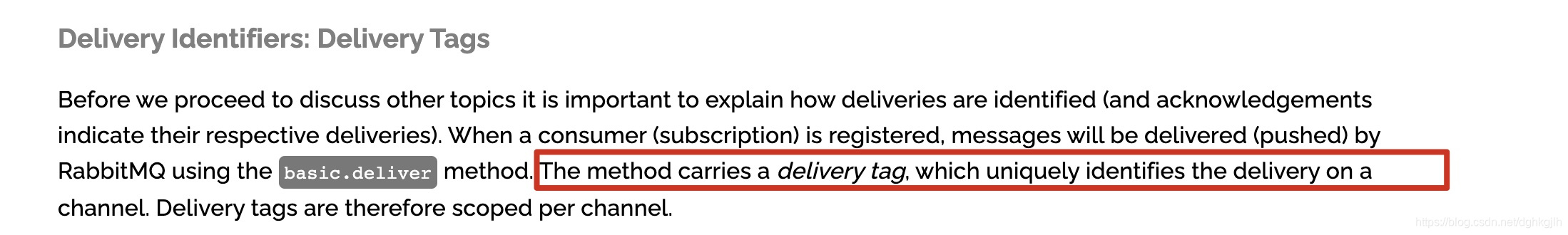 RabbitMQ 文档说明 delivery tag 用于标识 channel 上的消息投递