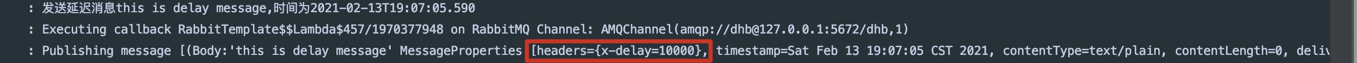 Spring AMQP publishing logs showing the x-delay message header