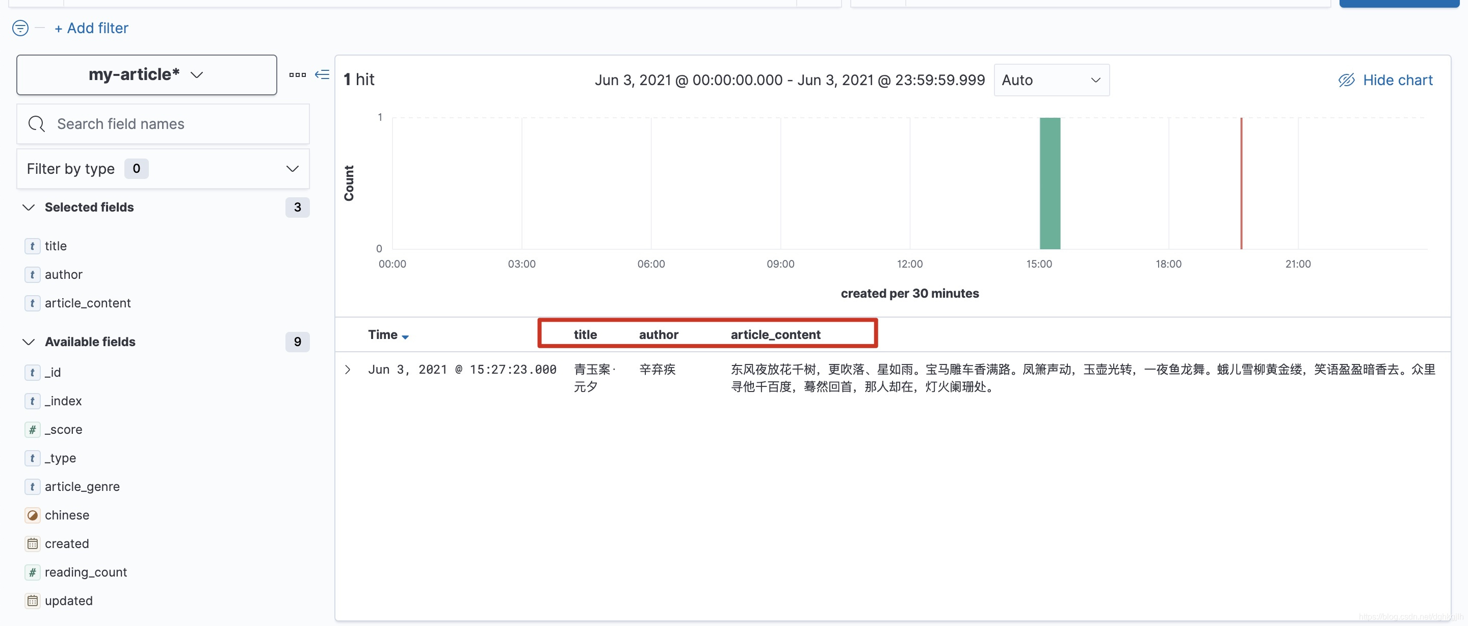 Kibana Discover 将指定字段添加为表格列后的结果
