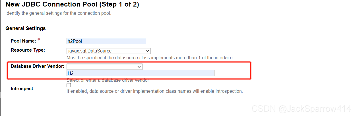 GlassFish 新建连接池时填写 H2 数据库厂商