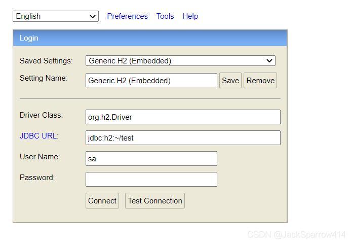 H2 Console 登录表单中的 JDBC URL、用户名和密码配置