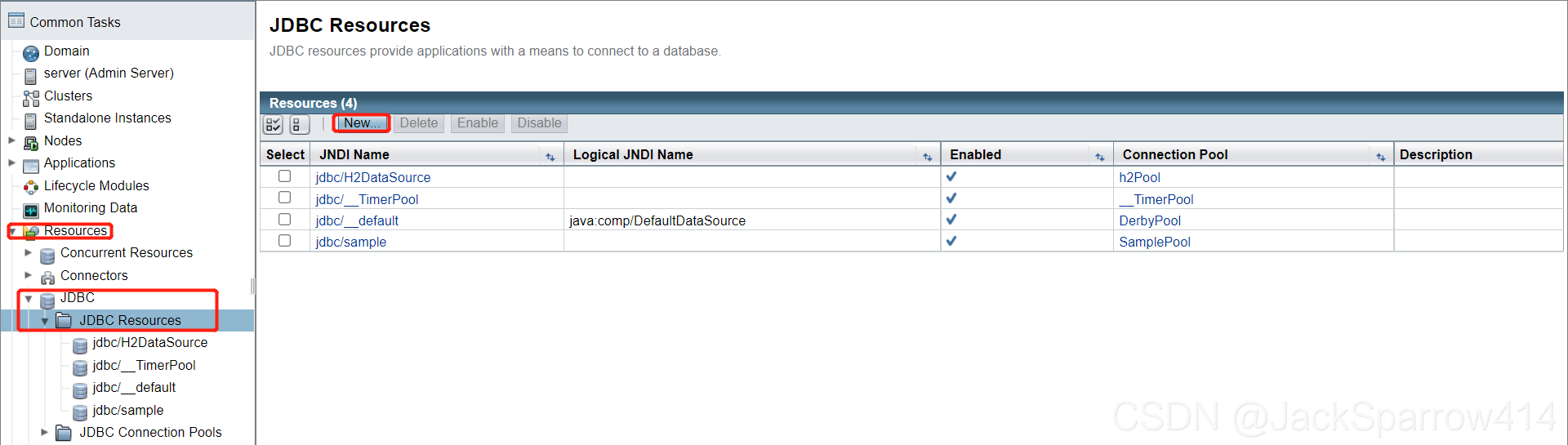 GlassFish JDBC Resources 页面中的资源与连接池映射