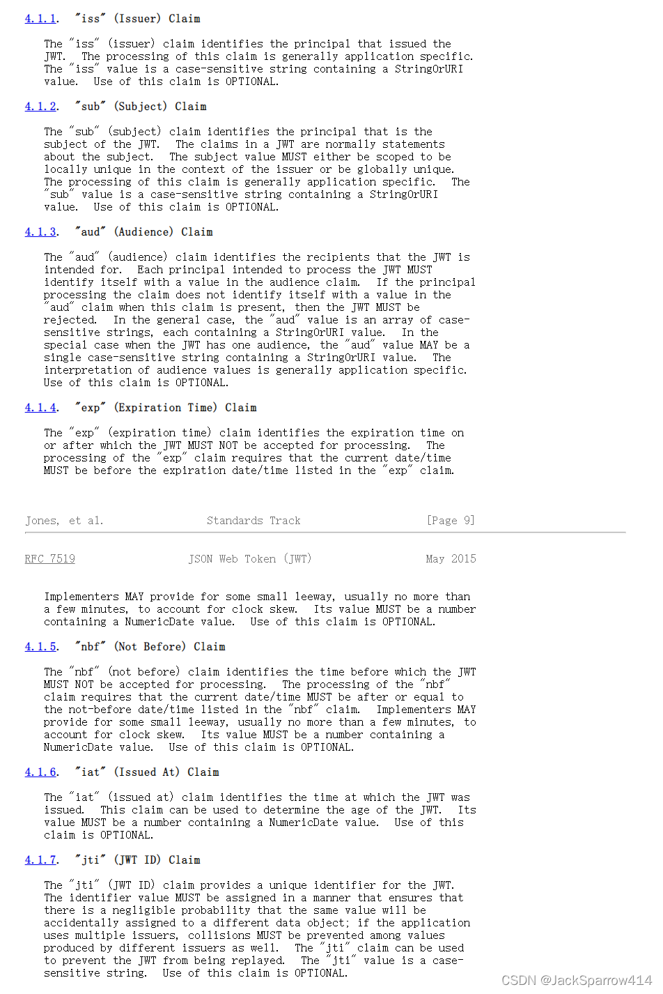 Registered JWT claims and their meanings in the RFC documentation