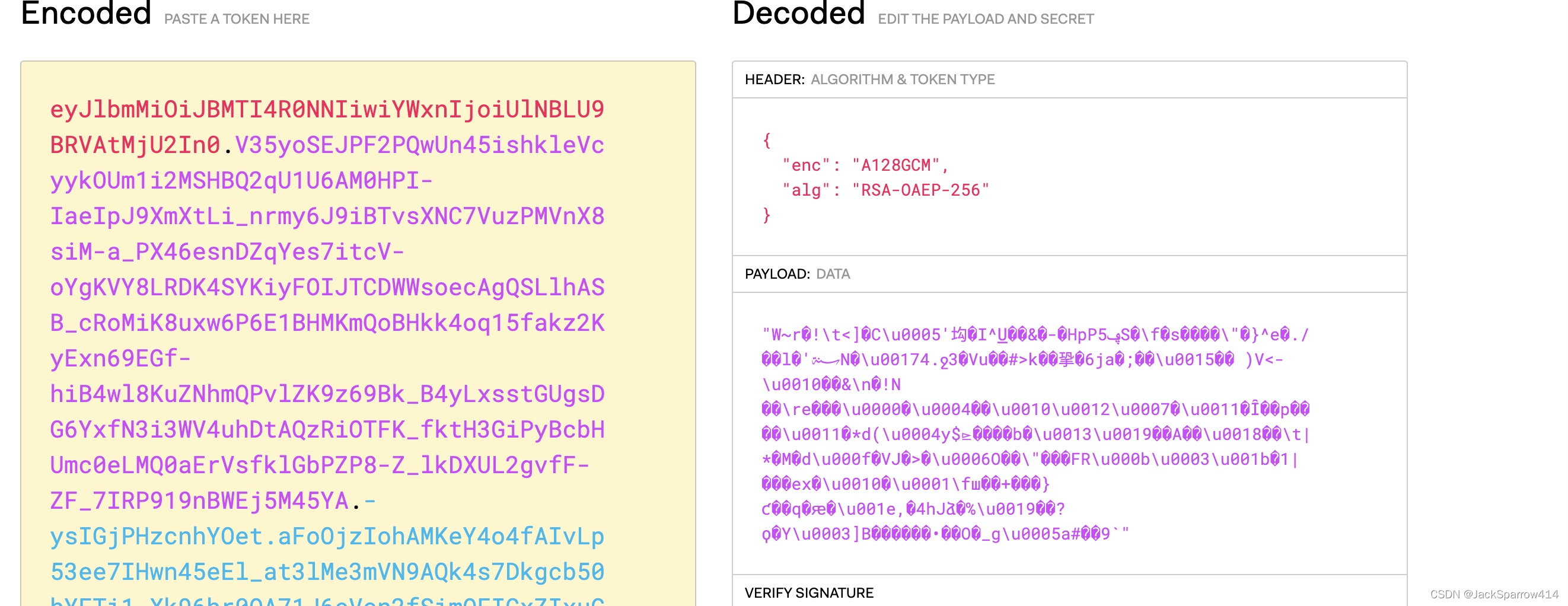 Encoded and decoded views of an encrypted JWT with an unreadable Payload