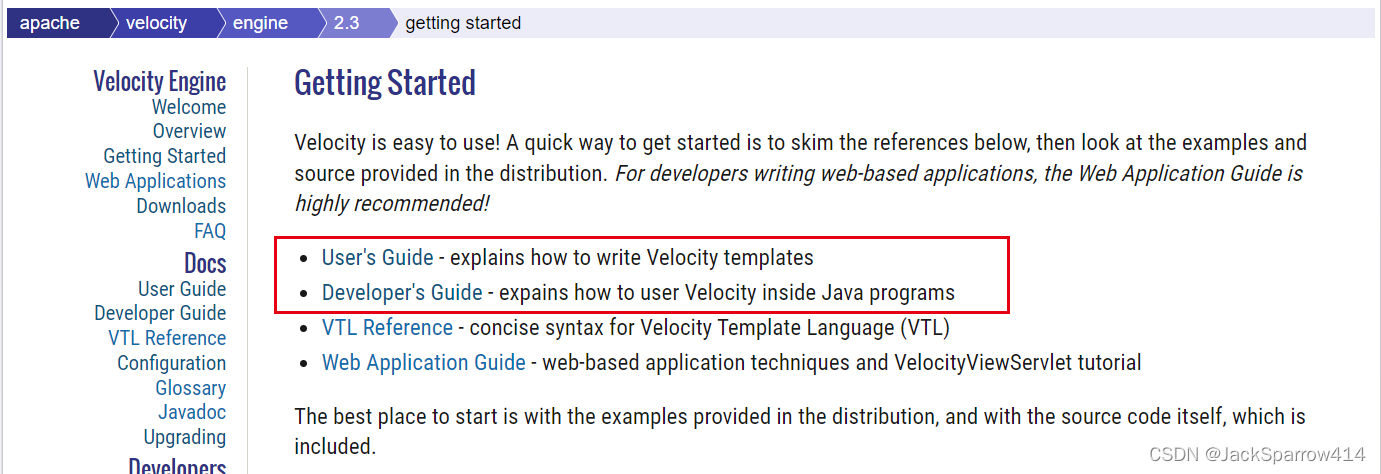 Velocity 官网中的 User's Guide 与 Developer's Guide 入口