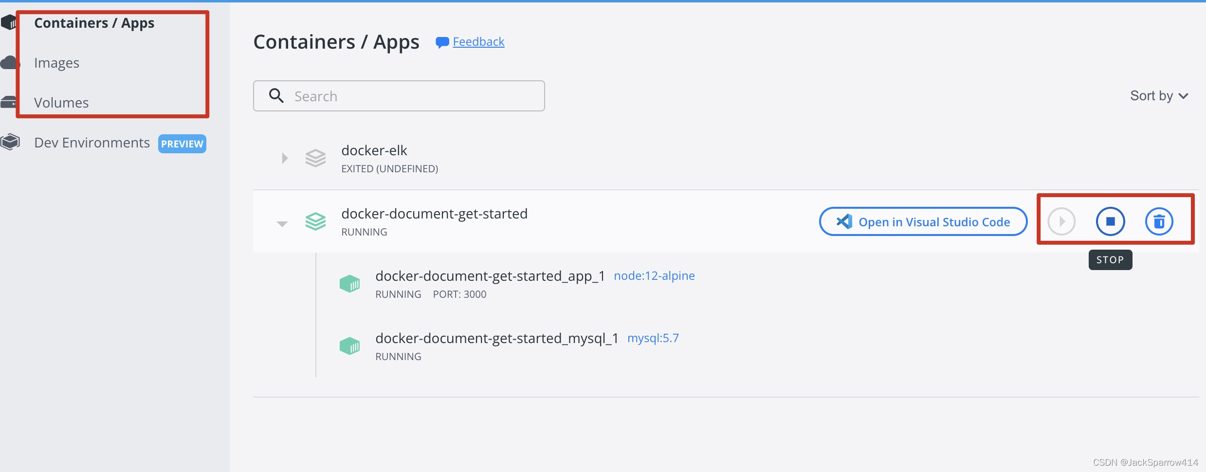 Docker Desktop 容器列表及启动、终端、删除等操作按钮