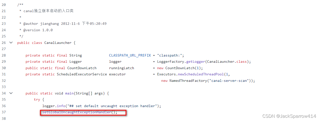 CanalLauncher startup code registering a default uncaught exception handler