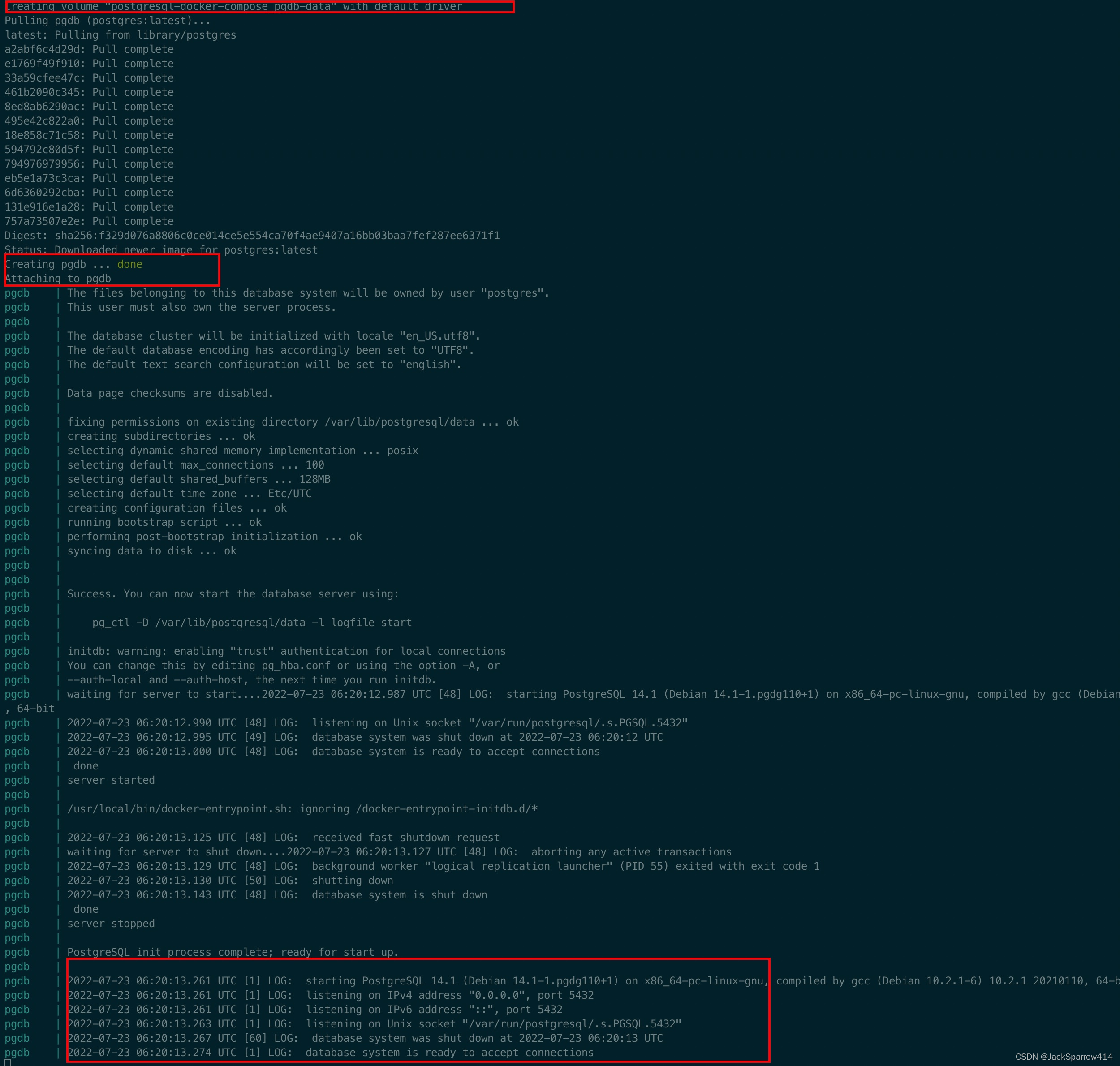 Docker Compose 创建 PostgreSQL 卷、容器并启动数据库的日志