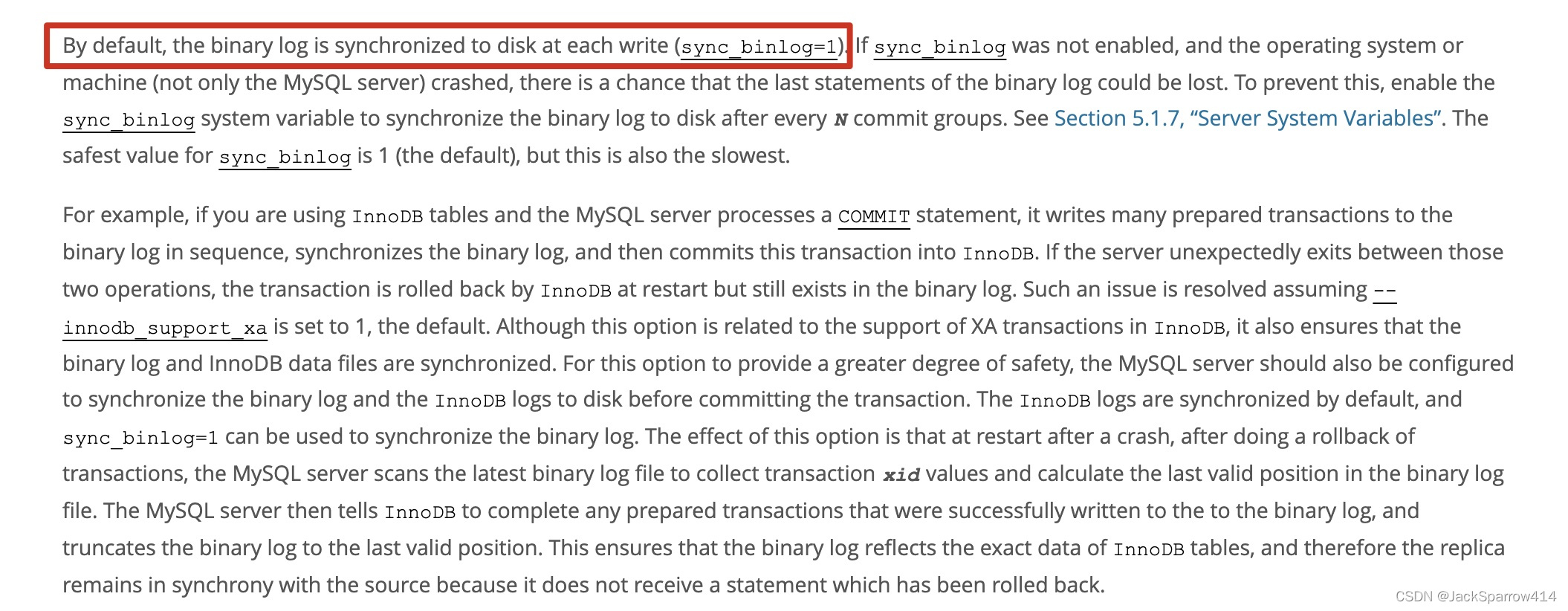 MySQL 文档说明二进制日志写入与事务提交时的同步行为
