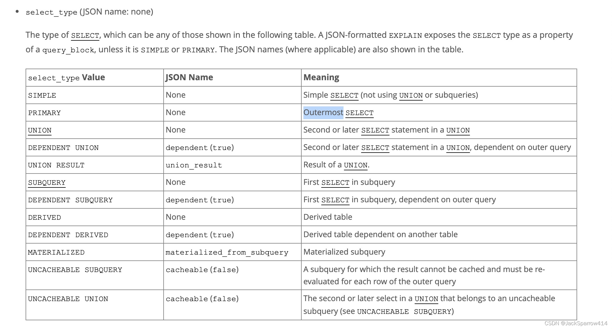 MySQL EXPLAIN 文档列出 select_type 的取值与含义