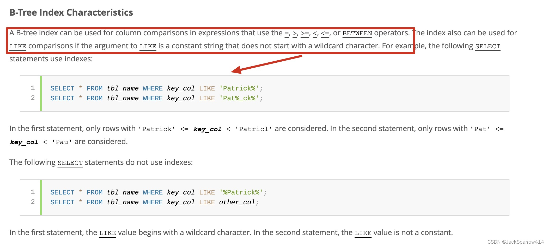 MySQL 文档说明 B-Tree 索引支持的比较操作与 LIKE 前缀条件