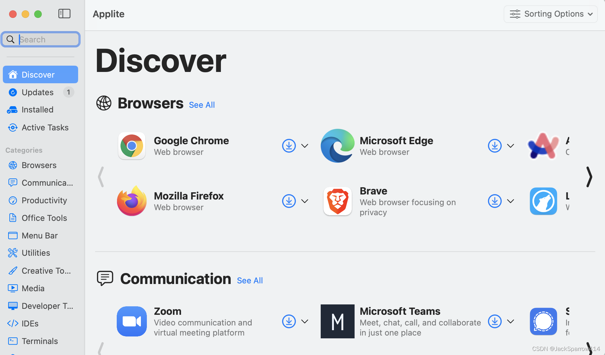 Applite Discover 页面按类别展示可安装的软件