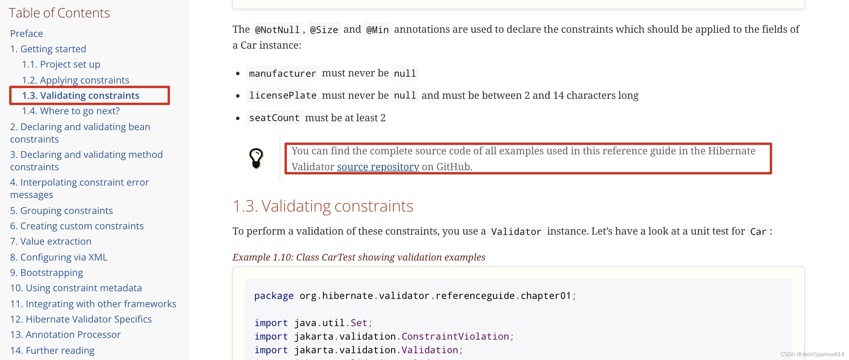 Hibernate Validator 文档中的约束校验与完整示例代码链接
