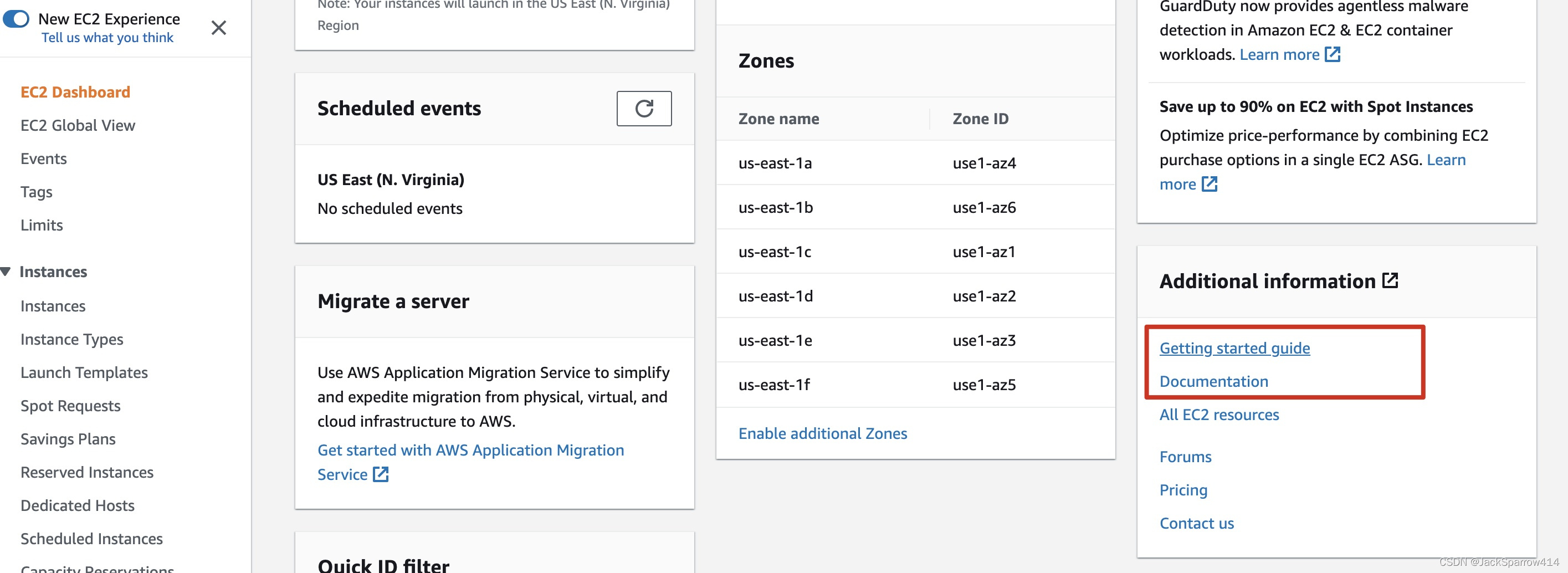 AWS EC2 控制台中的文档链接入口