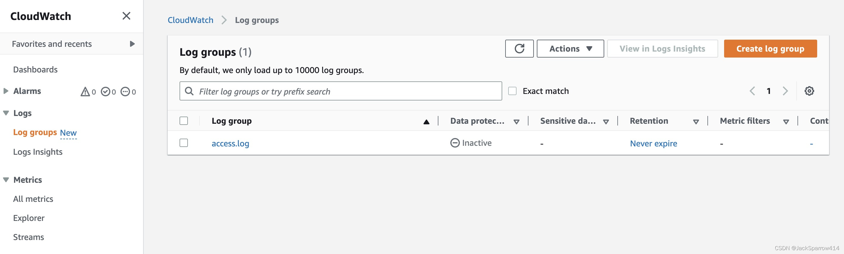 CloudWatch Log groups 控制台显示日志组列表