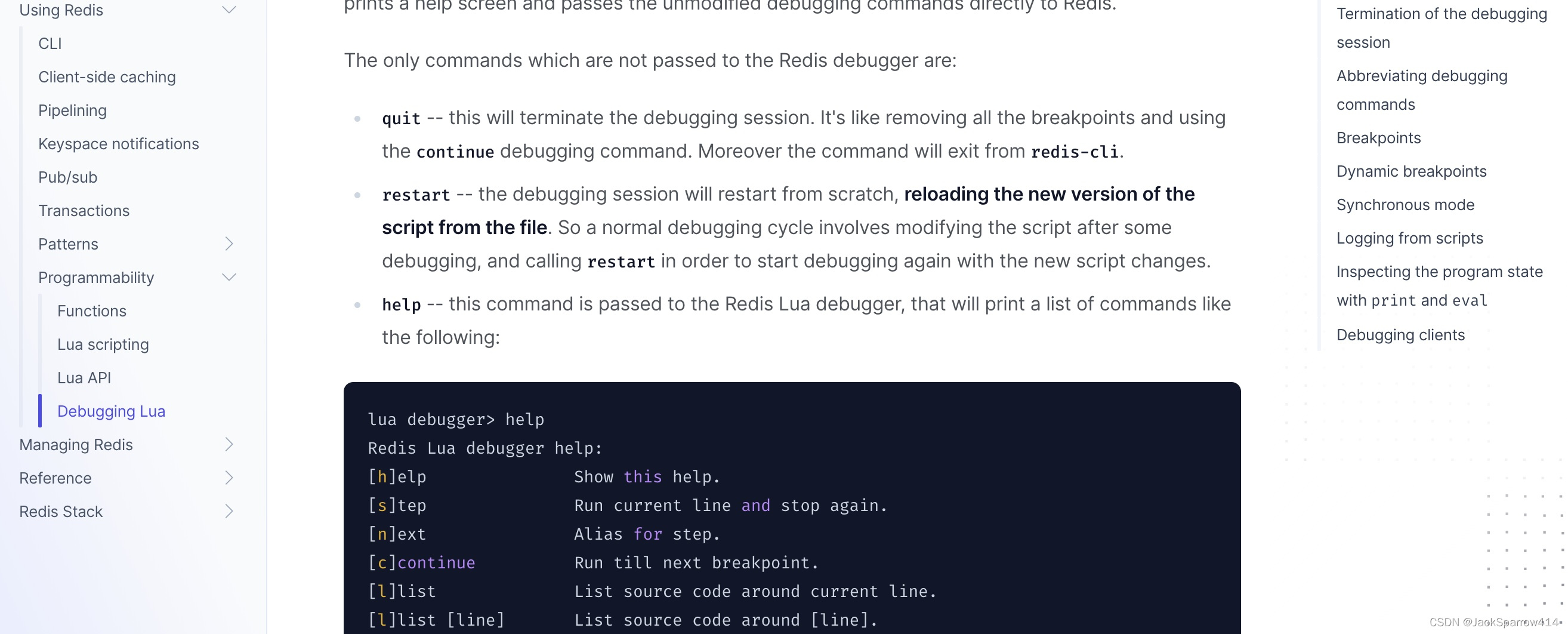 Redis 官方文档中的 Lua 调试命令与示例