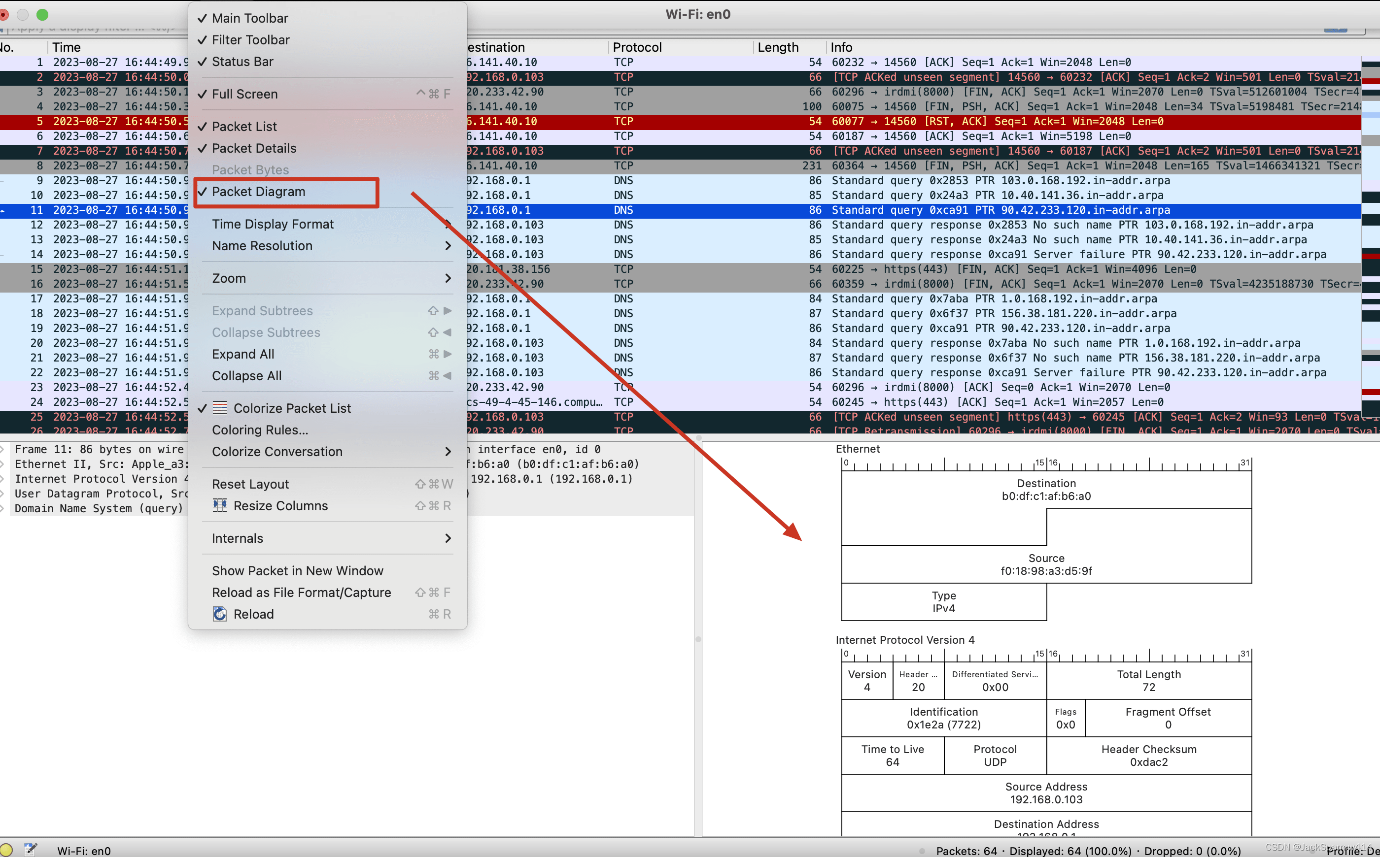 Wireshark View 菜单开启 Packet Diagram 并显示可视化报文