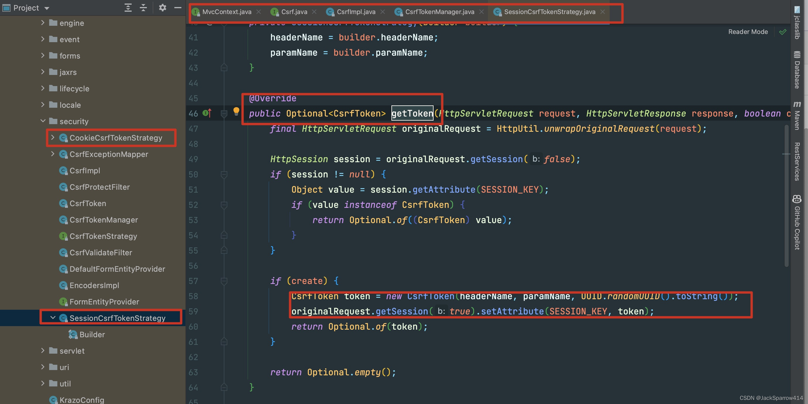 CsrfProtectFilter 生成 CSRF token 并保存到 session 的源码