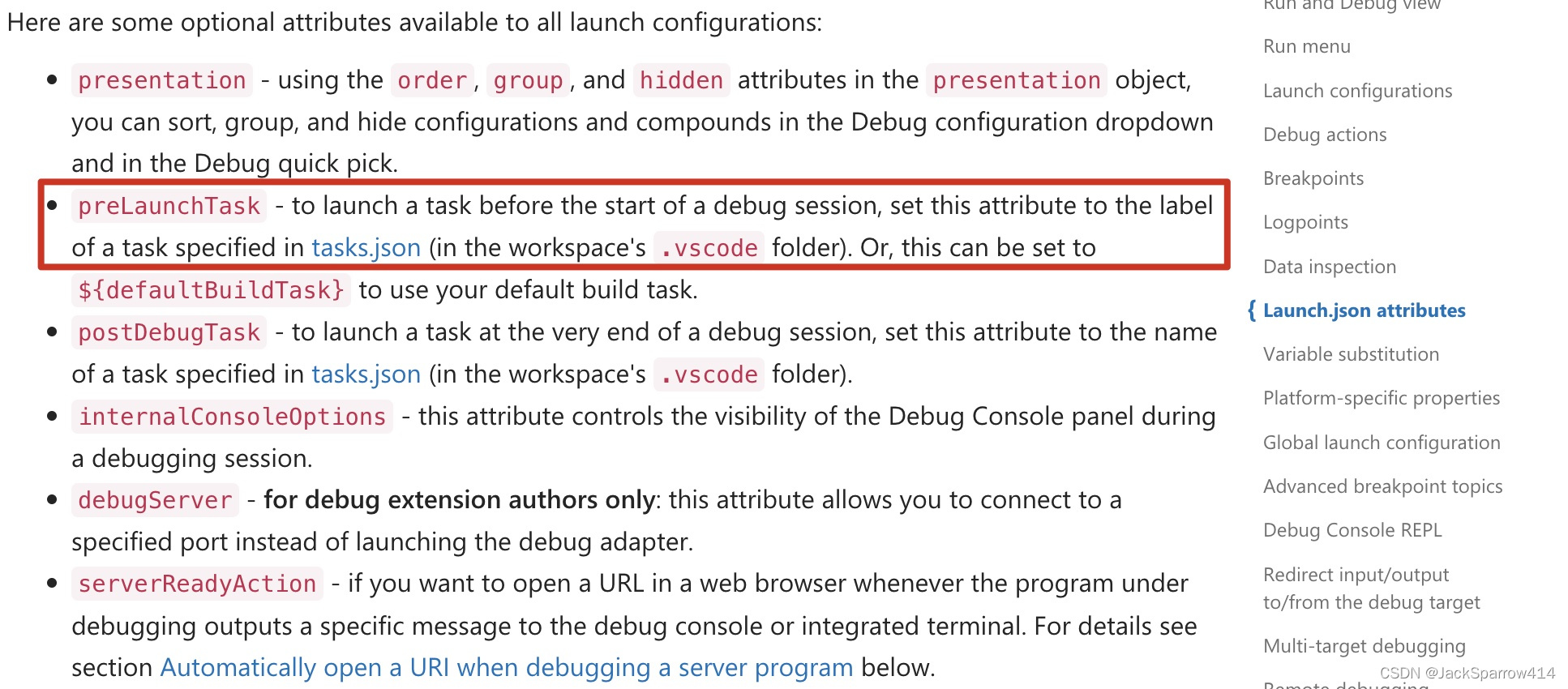 VS Code 调试文档说明 preLaunchTask 对应 tasks.json 的任务标签