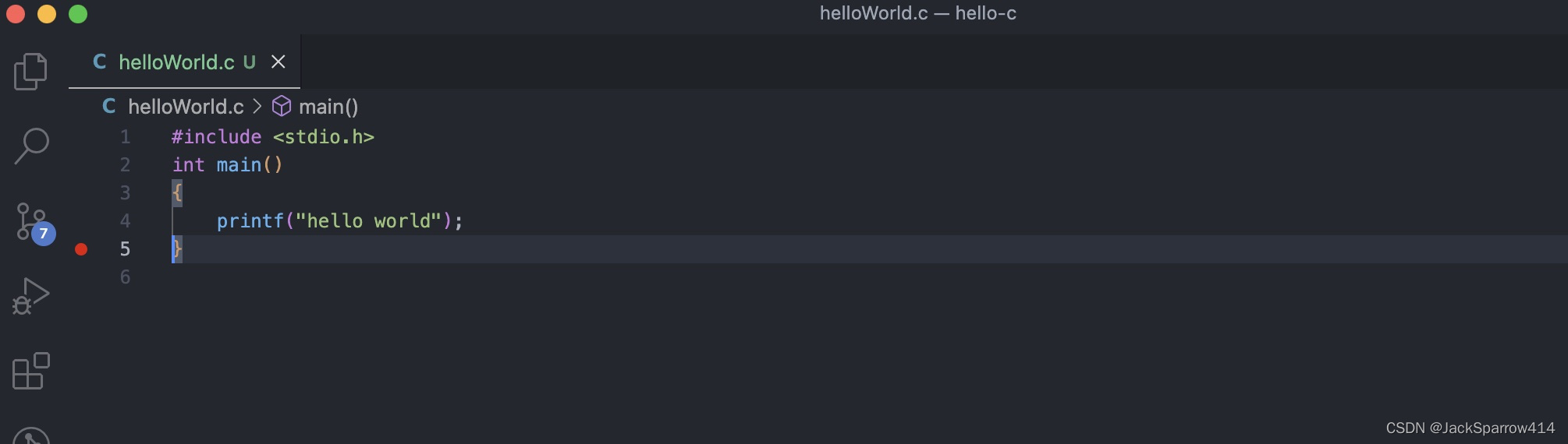 在 C 程序 main 函数结尾设置断点的 VS Code 示例