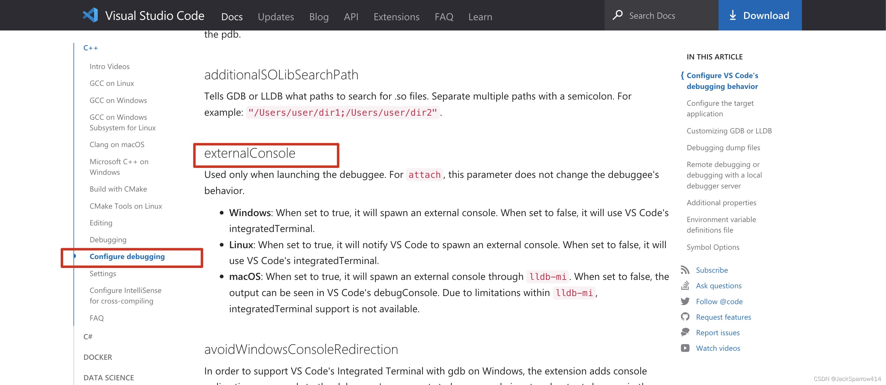 VS Code C++ 调试文档中的 externalConsole 配置项
