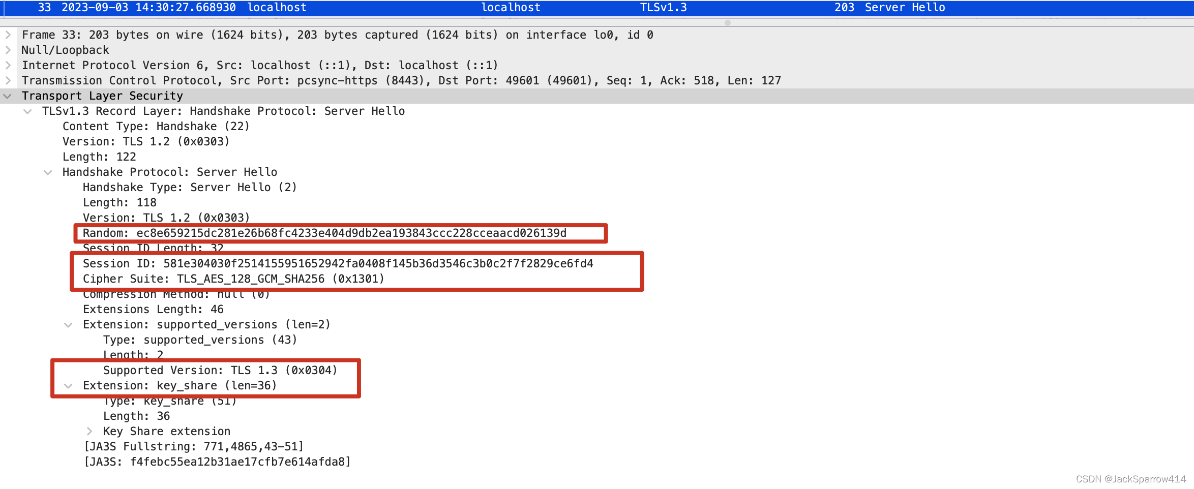 TLS 1.3 Server Hello 中选定的版本、密码套件与密钥共享参数