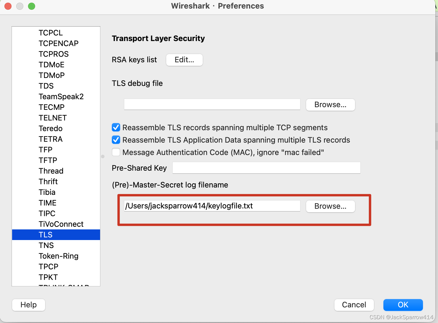 Wireshark TLS 首选项中配置 (Pre)-Master-Secret log filename