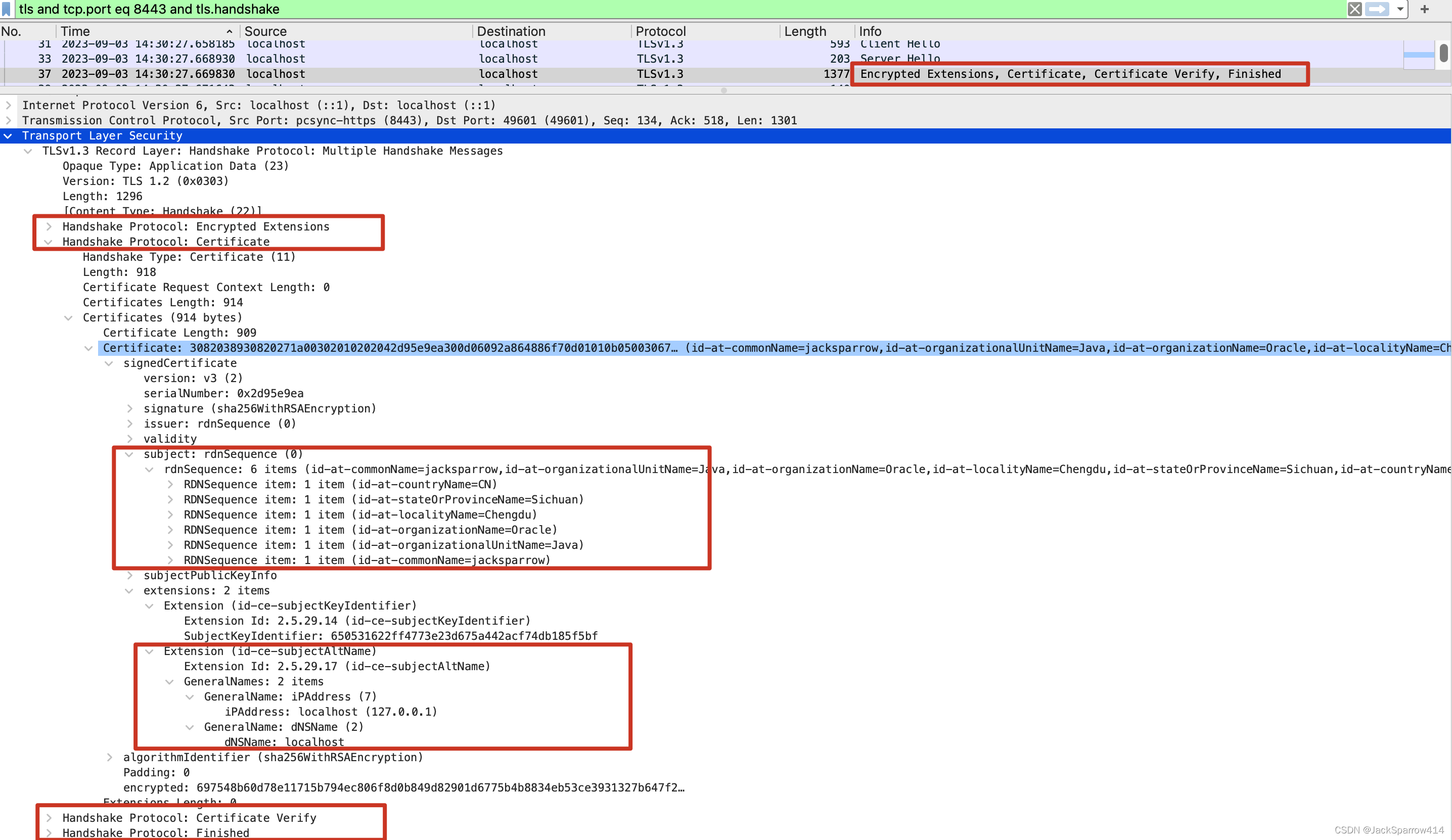 Wireshark 显示 TLS 证书消息与自签名证书的 subjectAltName