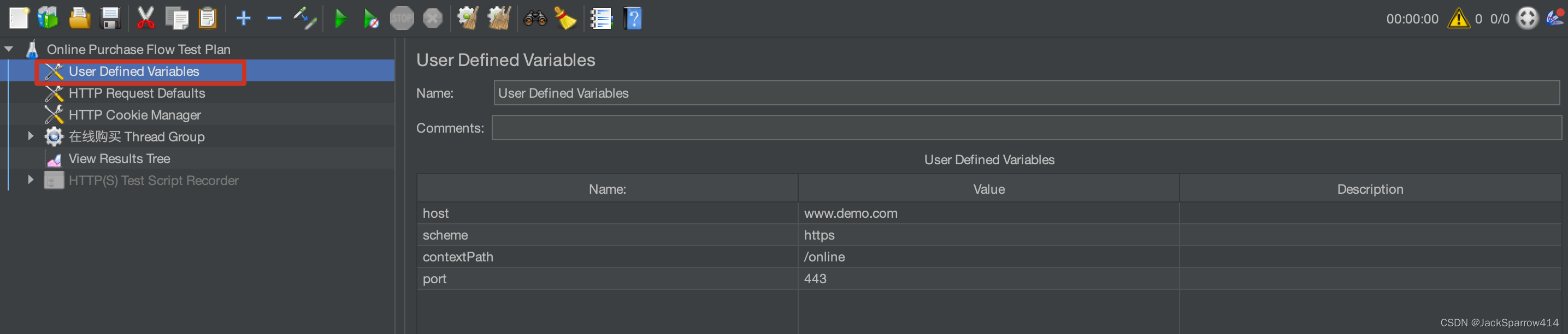 JMeter User Defined Variables 定义 scheme、host、port 和 contextPath
