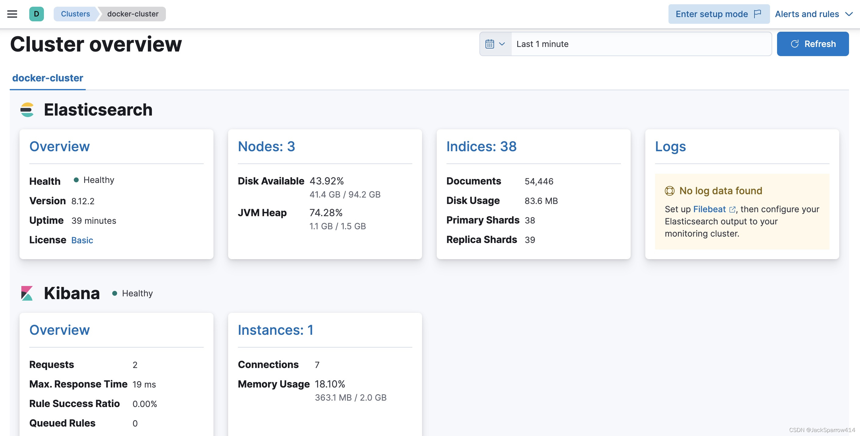 Kibana Stack Monitoring 显示 Elasticsearch 三节点集群与 Kibana 状态