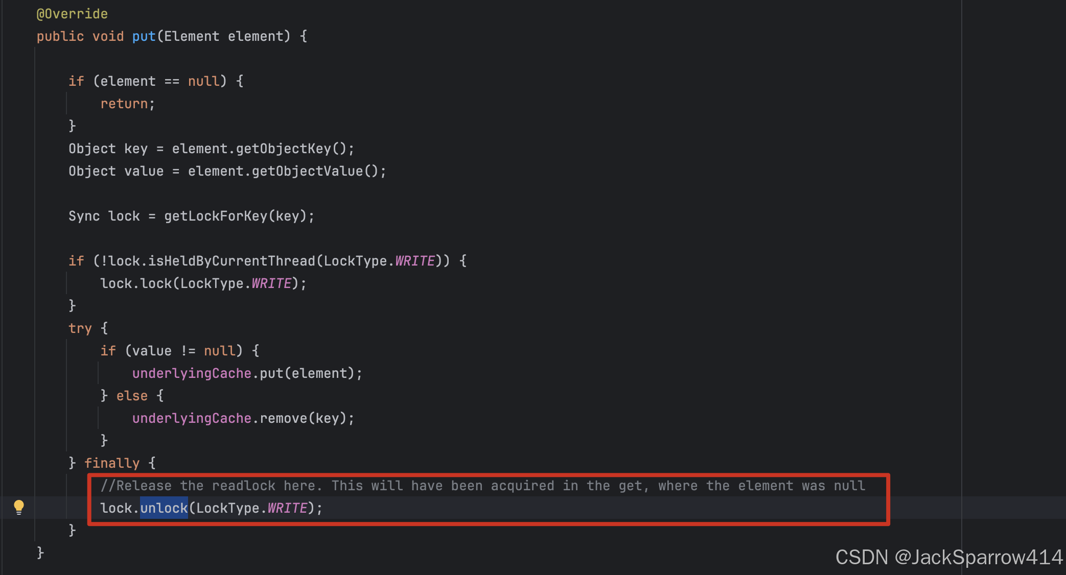 BlockingCache.put 写入缓存后在 finally 中释放写锁