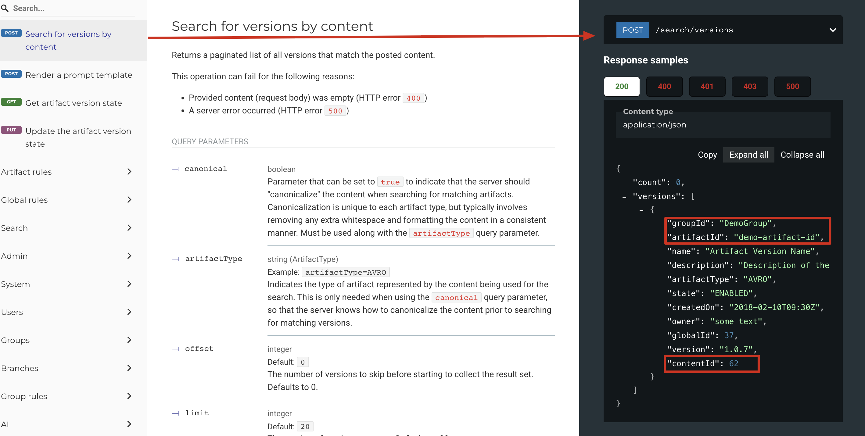 Apicurio REST API 文档中 Search for versions by content（POST /search/versions）接口的请求参数与响应示例，响应中包含 contentId